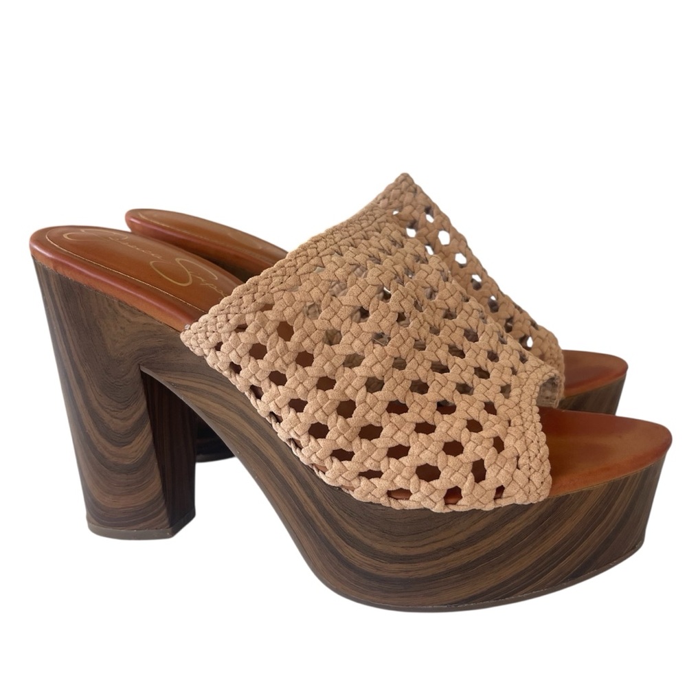 Jessica Simpson Shelbie Woven Platform Chunky Slides Heels Shoes Tan Neutral 7.5
